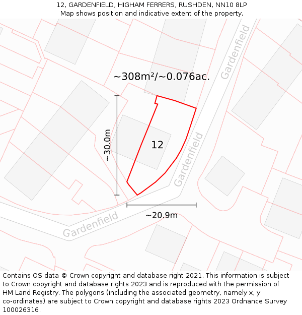 12, GARDENFIELD, HIGHAM FERRERS, RUSHDEN, NN10 8LP: Plot and title map