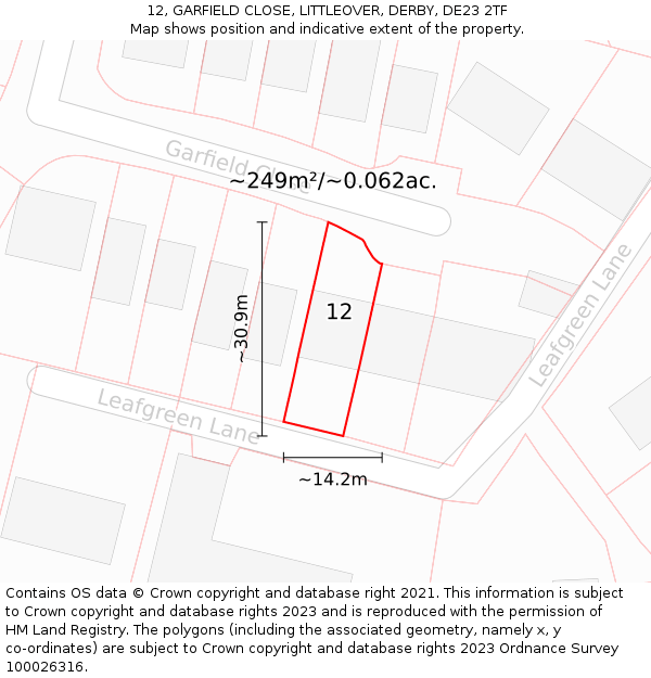 12, GARFIELD CLOSE, LITTLEOVER, DERBY, DE23 2TF: Plot and title map
