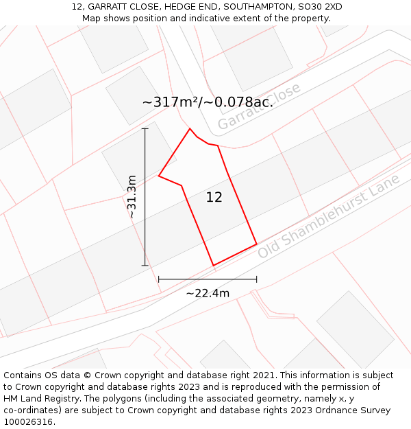 12, GARRATT CLOSE, HEDGE END, SOUTHAMPTON, SO30 2XD: Plot and title map