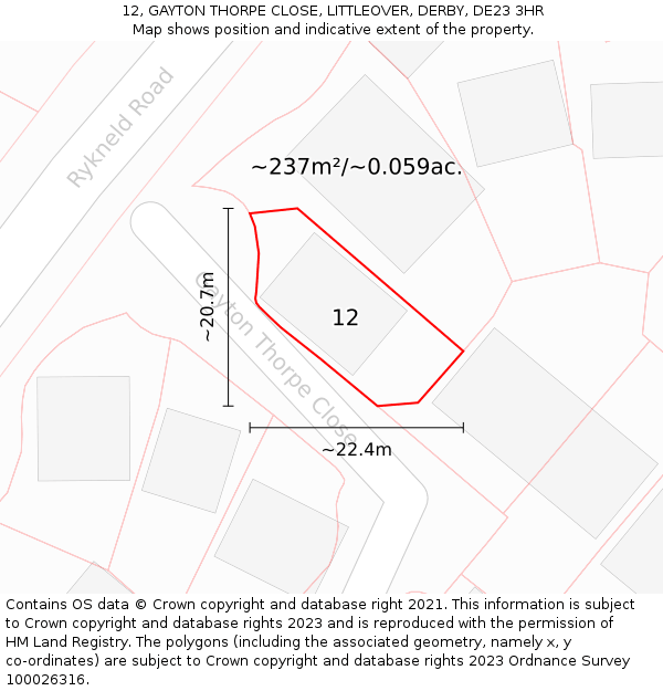 12, GAYTON THORPE CLOSE, LITTLEOVER, DERBY, DE23 3HR: Plot and title map