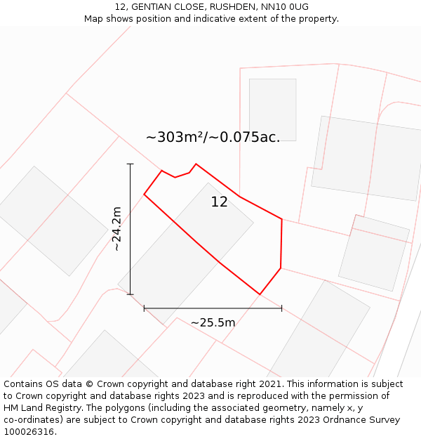 12, GENTIAN CLOSE, RUSHDEN, NN10 0UG: Plot and title map