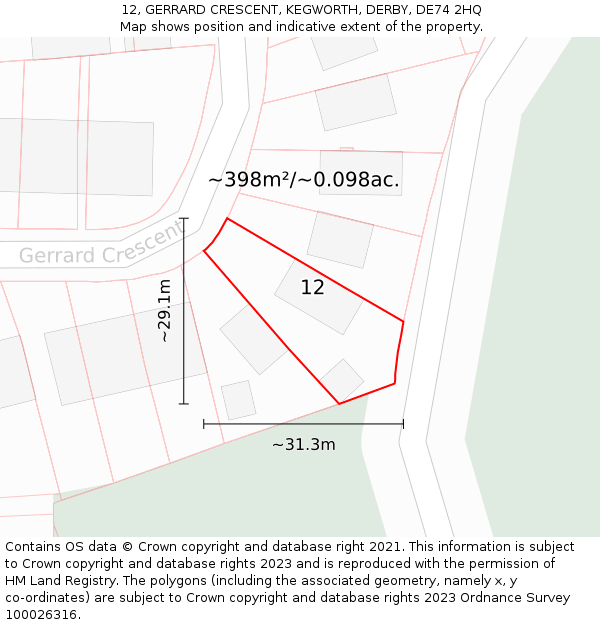 12, GERRARD CRESCENT, KEGWORTH, DERBY, DE74 2HQ: Plot and title map