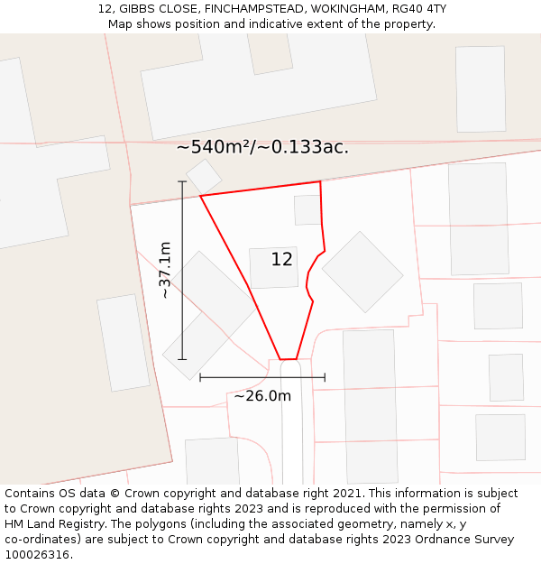 12, GIBBS CLOSE, FINCHAMPSTEAD, WOKINGHAM, RG40 4TY: Plot and title map
