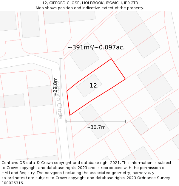 12, GIFFORD CLOSE, HOLBROOK, IPSWICH, IP9 2TR: Plot and title map