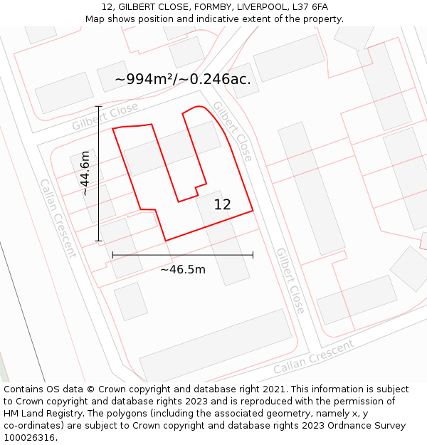 12, GILBERT CLOSE, FORMBY, LIVERPOOL, L37 6FA: Plot and title map