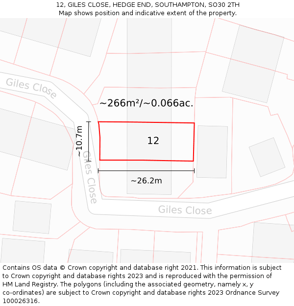 12, GILES CLOSE, HEDGE END, SOUTHAMPTON, SO30 2TH: Plot and title map