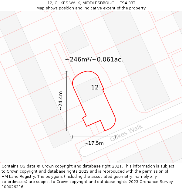 12, GILKES WALK, MIDDLESBROUGH, TS4 3RT: Plot and title map