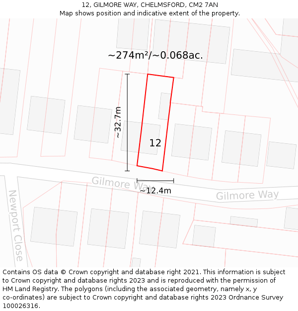 12, GILMORE WAY, CHELMSFORD, CM2 7AN: Plot and title map