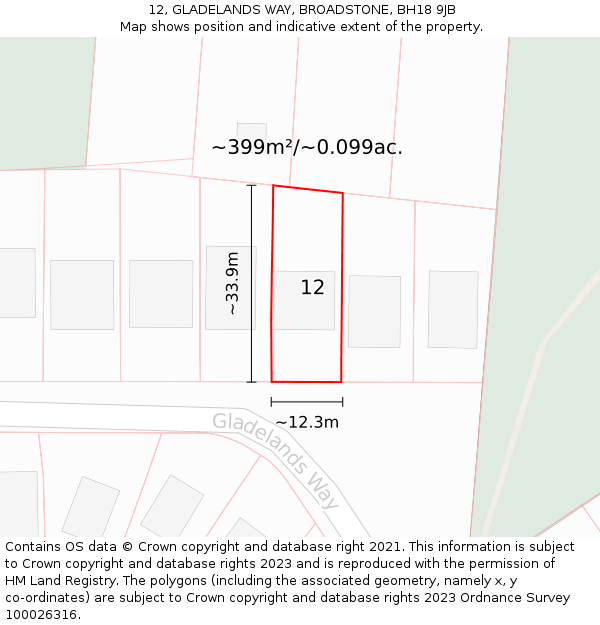 12, GLADELANDS WAY, BROADSTONE, BH18 9JB: Plot and title map