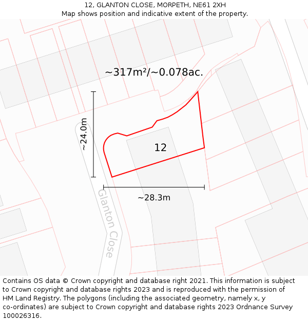 12, GLANTON CLOSE, MORPETH, NE61 2XH: Plot and title map