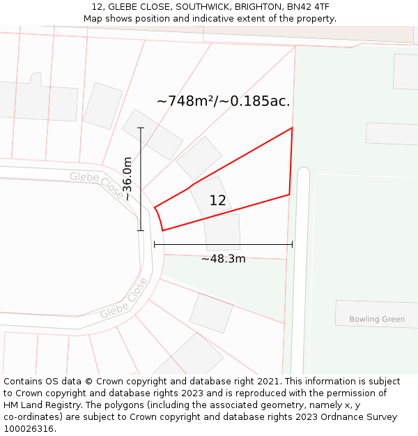 12, GLEBE CLOSE, SOUTHWICK, BRIGHTON, BN42 4TF: Plot and title map