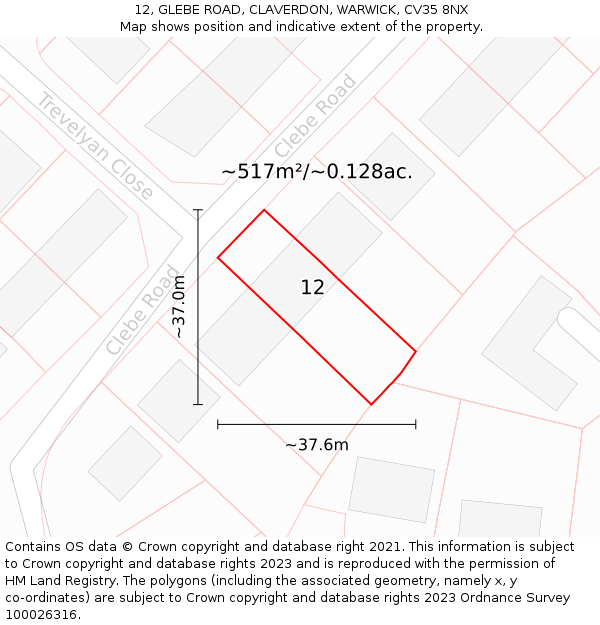 12, GLEBE ROAD, CLAVERDON, WARWICK, CV35 8NX: Plot and title map