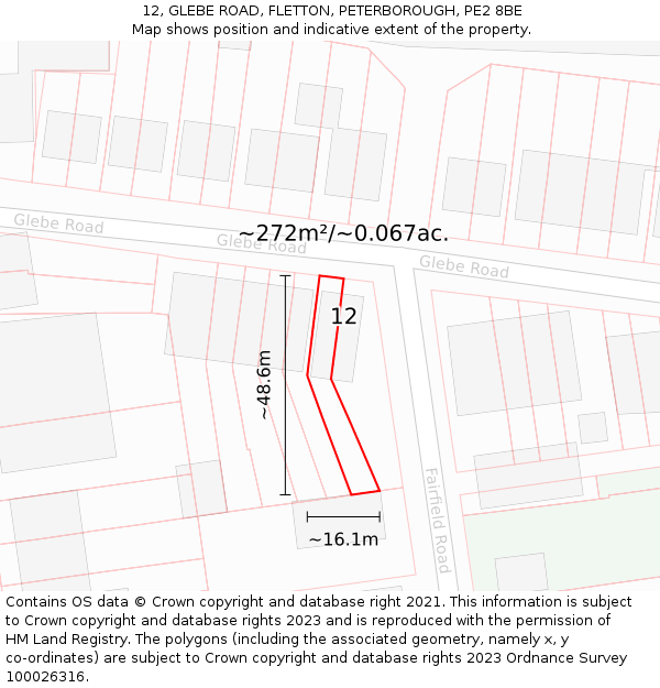 12, GLEBE ROAD, FLETTON, PETERBOROUGH, PE2 8BE: Plot and title map