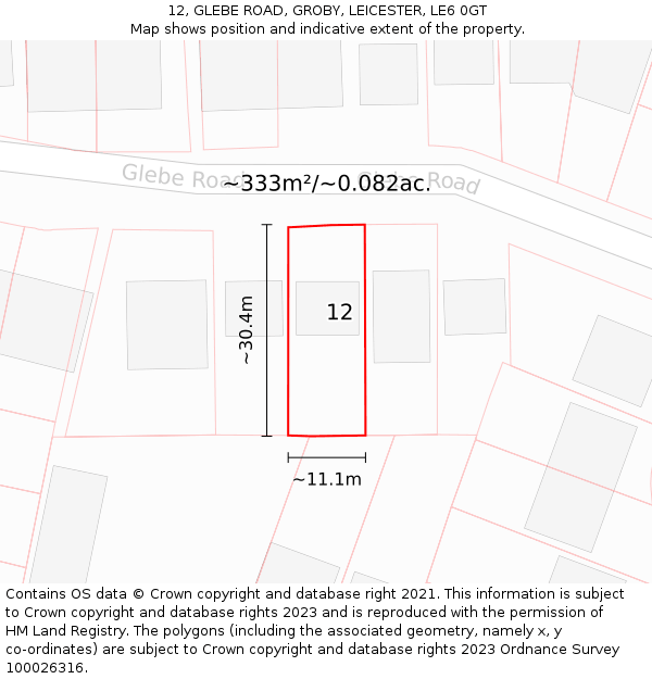 12, GLEBE ROAD, GROBY, LEICESTER, LE6 0GT: Plot and title map