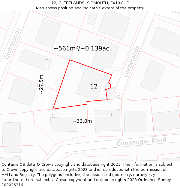 12, GLEBELANDS, SIDMOUTH, EX10 8UD: Plot and title map