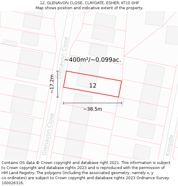 12, GLENAVON CLOSE, CLAYGATE, ESHER, KT10 0HP: Plot and title map