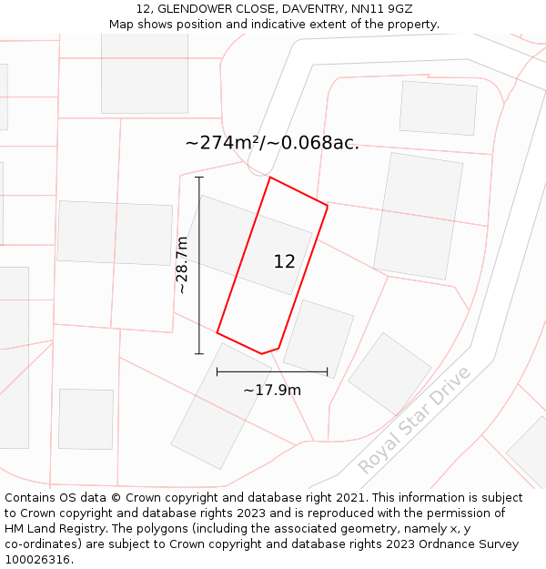 12, GLENDOWER CLOSE, DAVENTRY, NN11 9GZ: Plot and title map