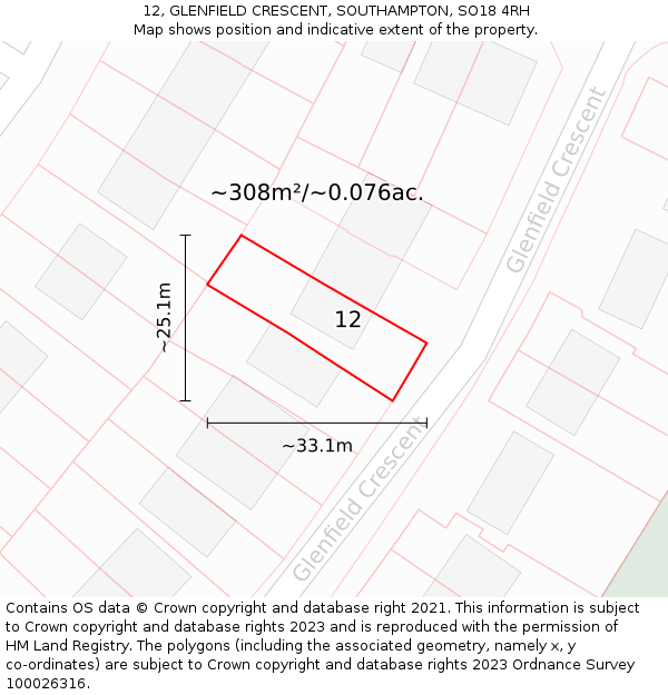 12, GLENFIELD CRESCENT, SOUTHAMPTON, SO18 4RH: Plot and title map