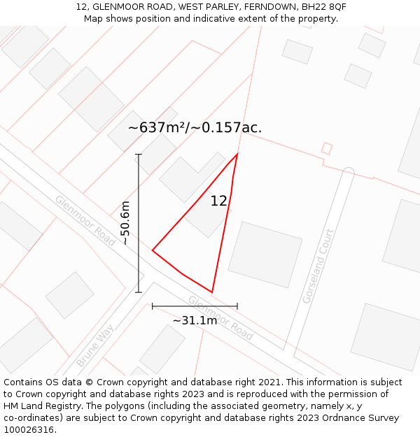 12, GLENMOOR ROAD, WEST PARLEY, FERNDOWN, BH22 8QF: Plot and title map