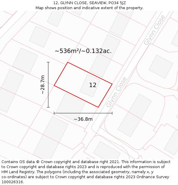 12, GLYNN CLOSE, SEAVIEW, PO34 5JZ: Plot and title map