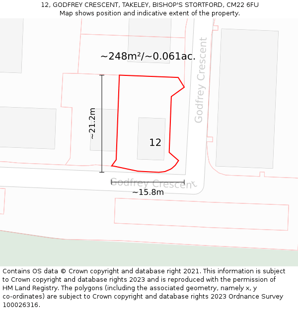 12, GODFREY CRESCENT, TAKELEY, BISHOP'S STORTFORD, CM22 6FU: Plot and title map