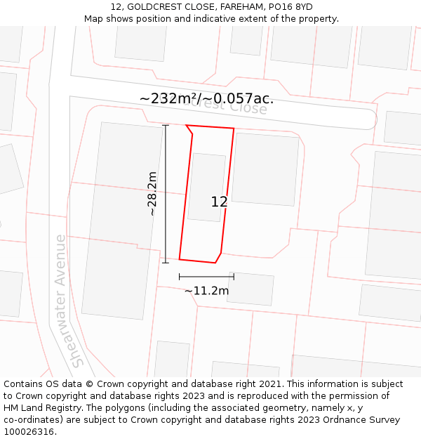 12, GOLDCREST CLOSE, FAREHAM, PO16 8YD: Plot and title map