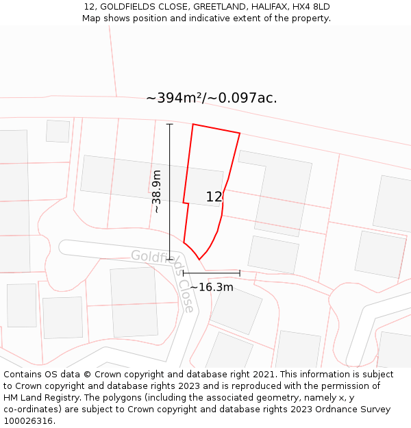 12, GOLDFIELDS CLOSE, GREETLAND, HALIFAX, HX4 8LD: Plot and title map