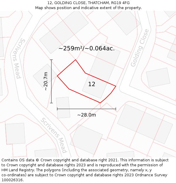 12, GOLDING CLOSE, THATCHAM, RG19 4FG: Plot and title map