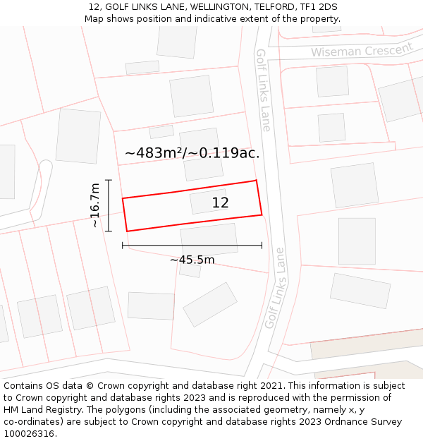 12, GOLF LINKS LANE, WELLINGTON, TELFORD, TF1 2DS: Plot and title map