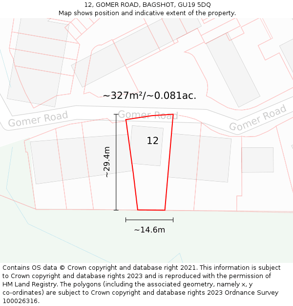12, GOMER ROAD, BAGSHOT, GU19 5DQ: Plot and title map