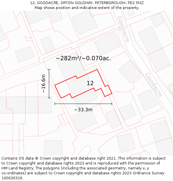 12, GOODACRE, ORTON GOLDHAY, PETERBOROUGH, PE2 5NZ: Plot and title map