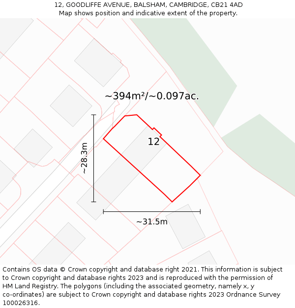 12, GOODLIFFE AVENUE, BALSHAM, CAMBRIDGE, CB21 4AD: Plot and title map