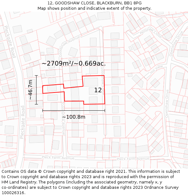 12, GOODSHAW CLOSE, BLACKBURN, BB1 8PG: Plot and title map