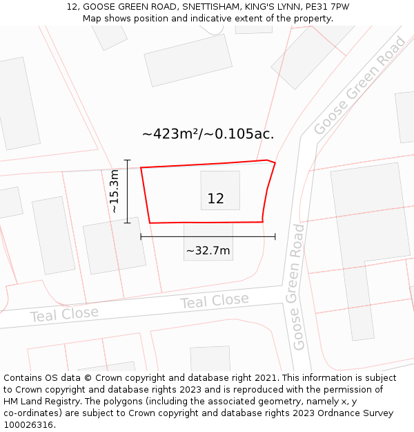 12, GOOSE GREEN ROAD, SNETTISHAM, KING'S LYNN, PE31 7PW: Plot and title map