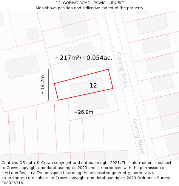 12, GORING ROAD, IPSWICH, IP4 5LT: Plot and title map