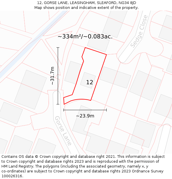 12, GORSE LANE, LEASINGHAM, SLEAFORD, NG34 8JD: Plot and title map
