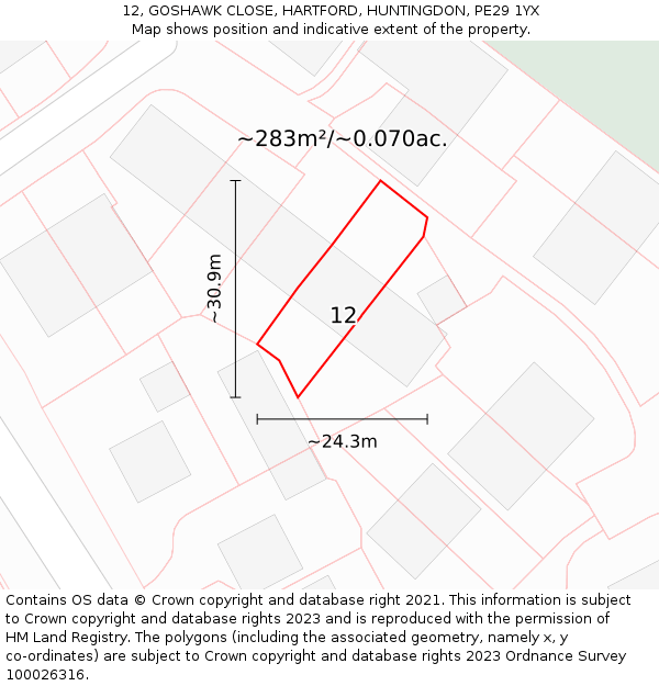 12, GOSHAWK CLOSE, HARTFORD, HUNTINGDON, PE29 1YX: Plot and title map