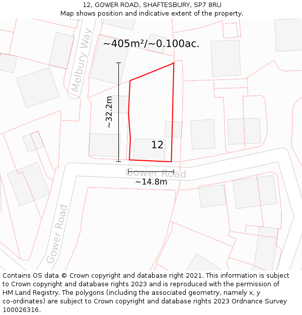 12, GOWER ROAD, SHAFTESBURY, SP7 8RU: Plot and title map