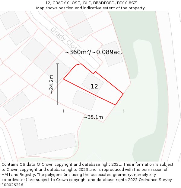 12, GRADY CLOSE, IDLE, BRADFORD, BD10 8SZ: Plot and title map