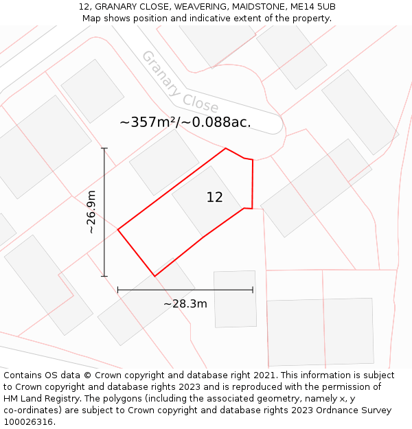 12, GRANARY CLOSE, WEAVERING, MAIDSTONE, ME14 5UB: Plot and title map