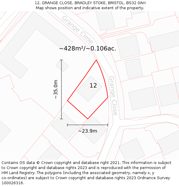 12, GRANGE CLOSE, BRADLEY STOKE, BRISTOL, BS32 0AH: Plot and title map