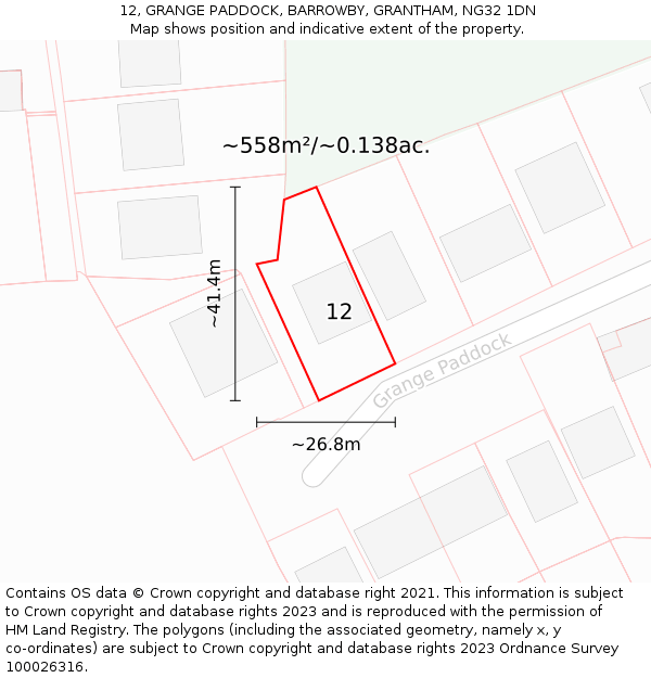 12, GRANGE PADDOCK, BARROWBY, GRANTHAM, NG32 1DN: Plot and title map