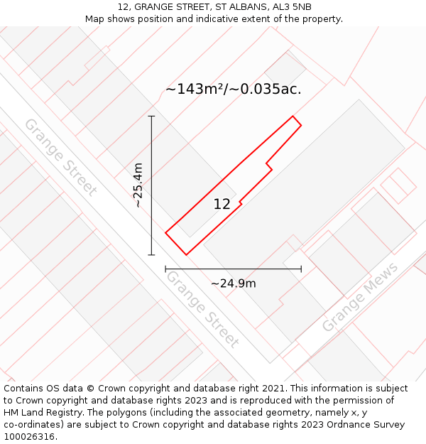 12, GRANGE STREET, ST ALBANS, AL3 5NB: Plot and title map