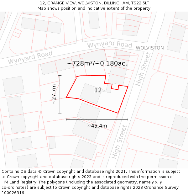 12, GRANGE VIEW, WOLVISTON, BILLINGHAM, TS22 5LT: Plot and title map