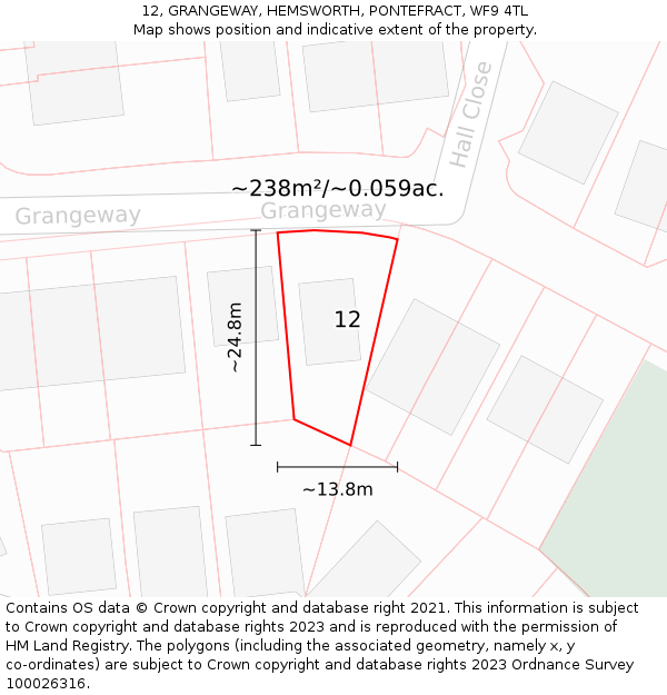 12, GRANGEWAY, HEMSWORTH, PONTEFRACT, WF9 4TL: Plot and title map