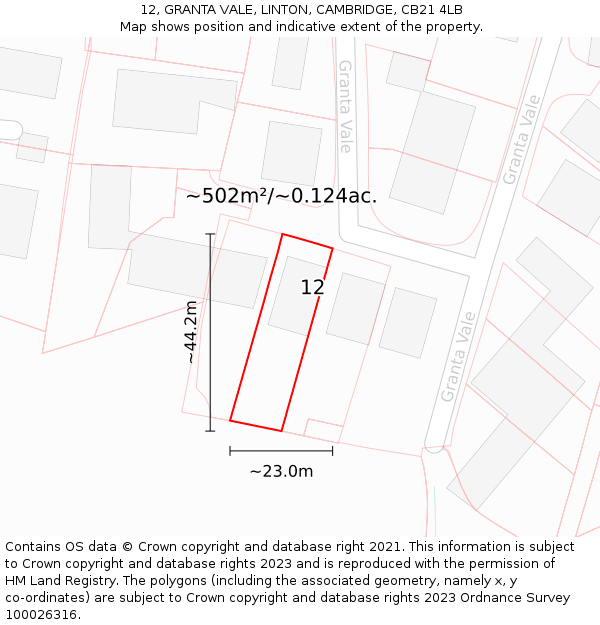12, GRANTA VALE, LINTON, CAMBRIDGE, CB21 4LB: Plot and title map