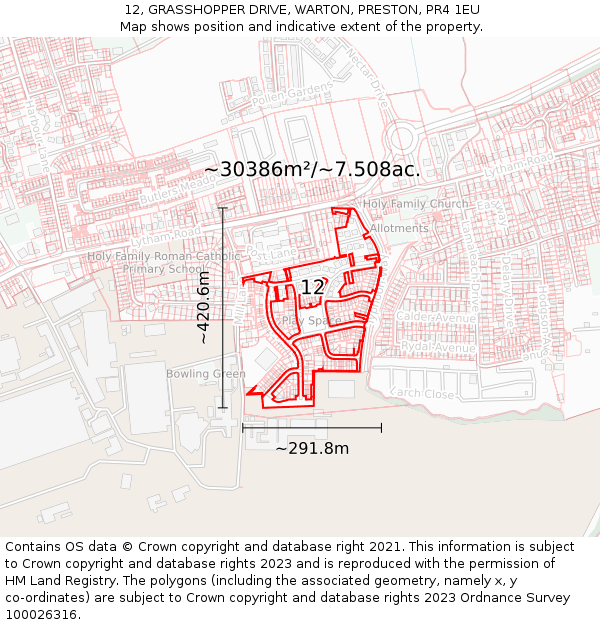 12, GRASSHOPPER DRIVE, WARTON, PRESTON, PR4 1EU: Plot and title map
