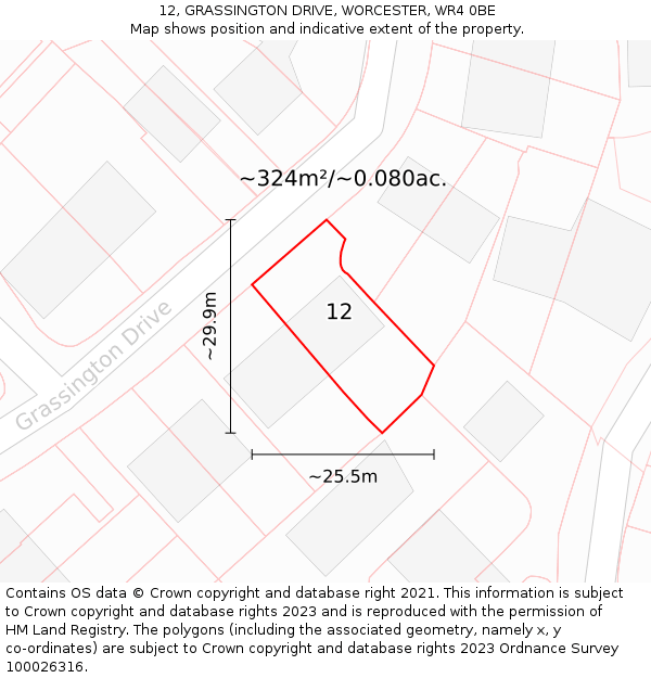 12, GRASSINGTON DRIVE, WORCESTER, WR4 0BE: Plot and title map