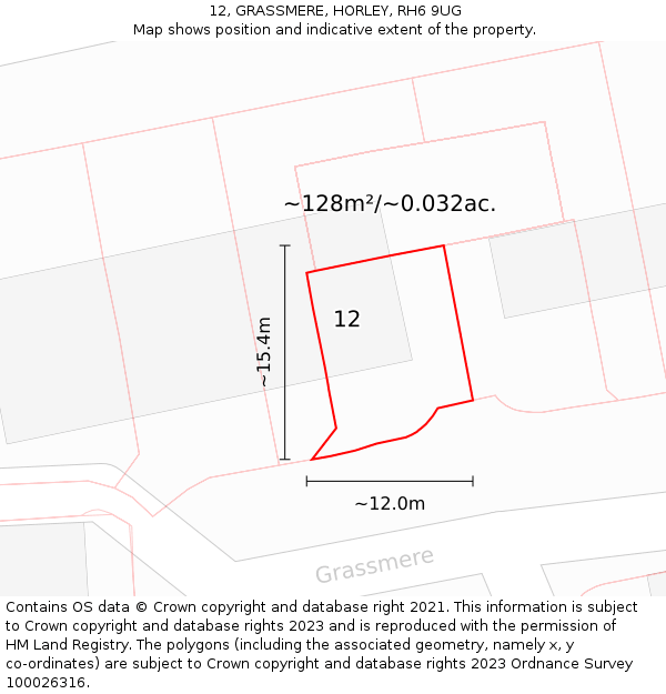 12, GRASSMERE, HORLEY, RH6 9UG: Plot and title map