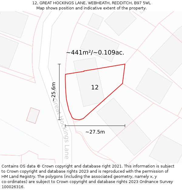 12, GREAT HOCKINGS LANE, WEBHEATH, REDDITCH, B97 5WL: Plot and title map